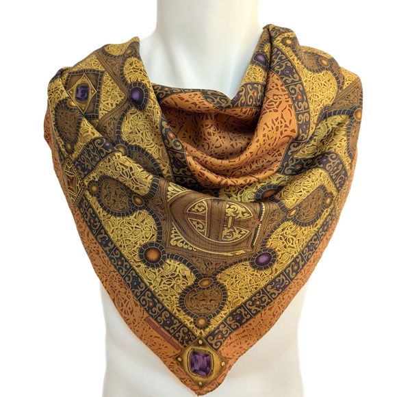 Ellen Tracy Vintage Silk Scarf – Ornate Jewel & Filigree Design –  35" Square - Picture 1 of 8